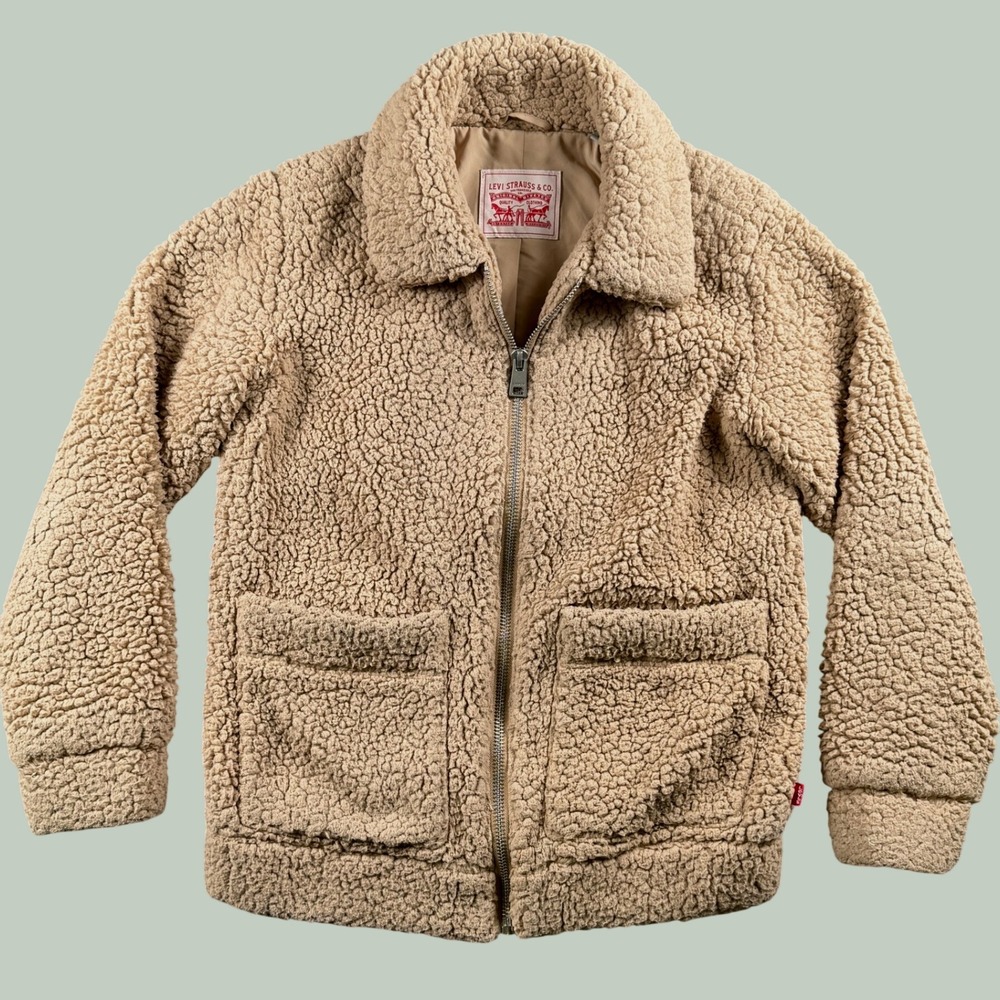 Levi Sherpa Jacket Women XS Tan Faux Fur Fleece Zip Up Cozy Teddy Outerwear